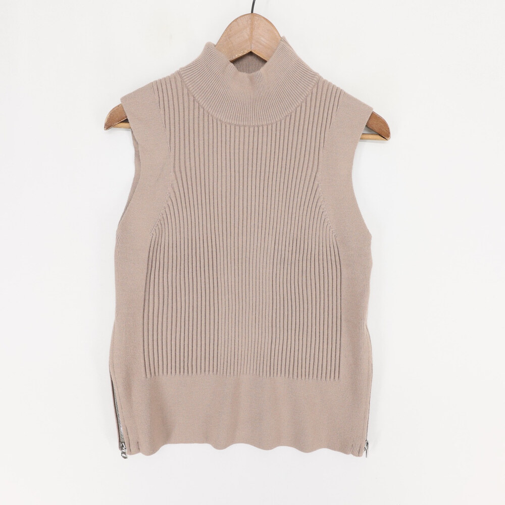 Varley Sweater Vest Womens XS Beige Ribbed Mock Neck Side Zip Sleeveless Knit